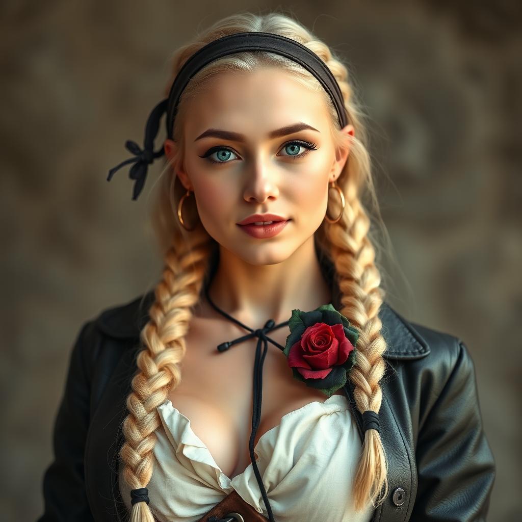 An alluring young busty white college-girl with a blonde long braid, elegantly dressed in a pirate outfit with a leather pirate coat featuring buckles