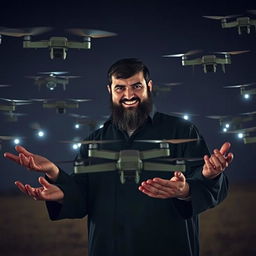 Hassan Nasrallah stands commandingly in an open field, surrounded by a swarm of drones flying in formation