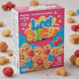 A cereal box designed for children filled with colorful, sugary cereal. The design should be lively and fun, with bright colors and cartoon mascots promoting a playful breakfast experience.