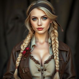 An enchanting young busty white college-girl with a blonde long braid, adorned in a pirate outfit with a rough pirate leather coat featuring buckles