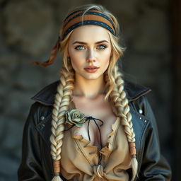 An enchanting young busty white college-girl with a blonde long braid, adorned in a pirate outfit with a rough pirate leather coat featuring buckles