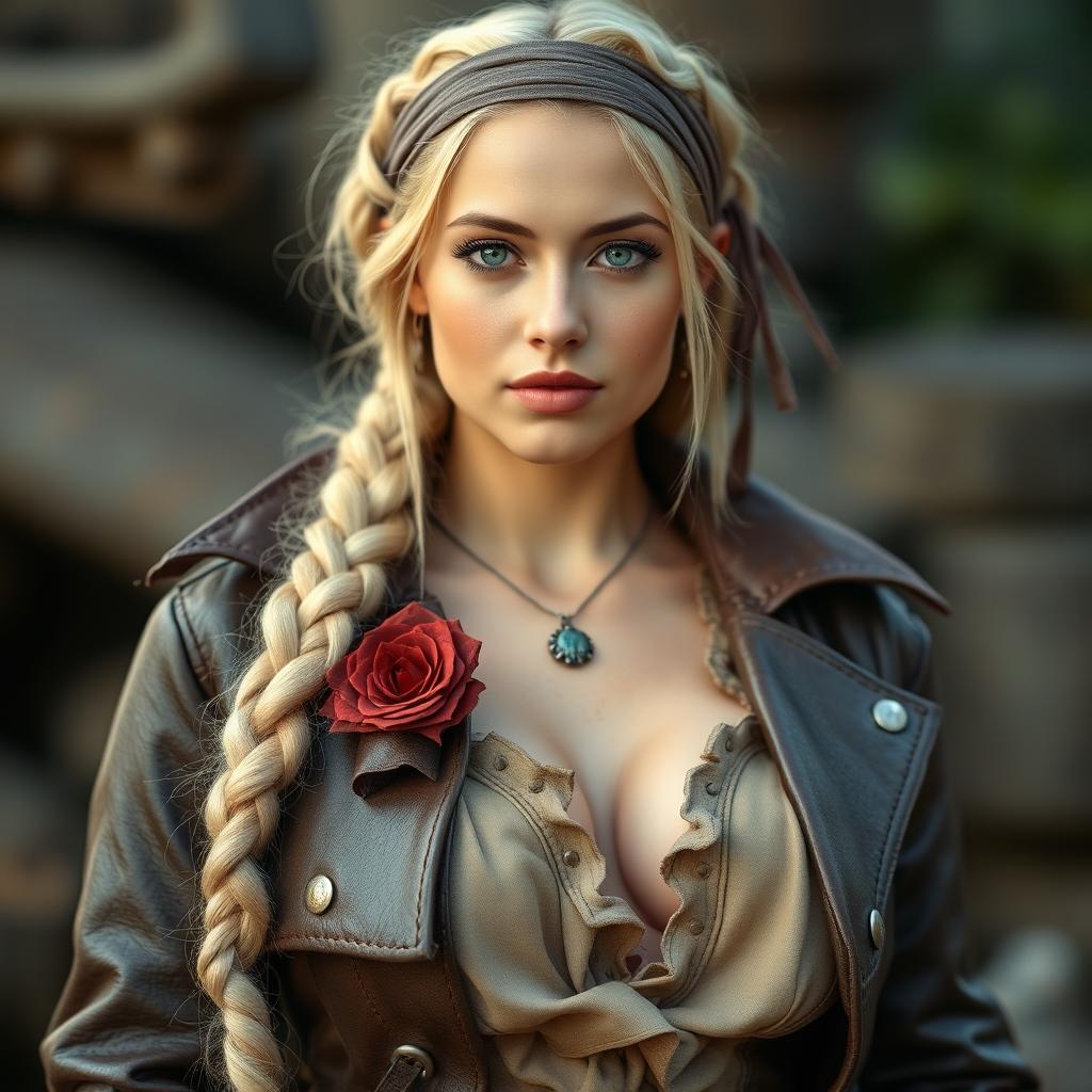 An enchanting young busty white college-girl with a blonde long braid, adorned in a pirate outfit with a rough pirate leather coat featuring buckles