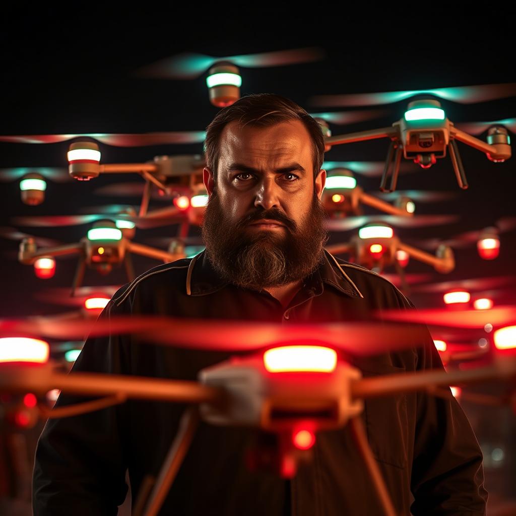 Hassan Nasrallah stands with a commanding presence, a serious and intimidating look on his face as he controls a large group of drones