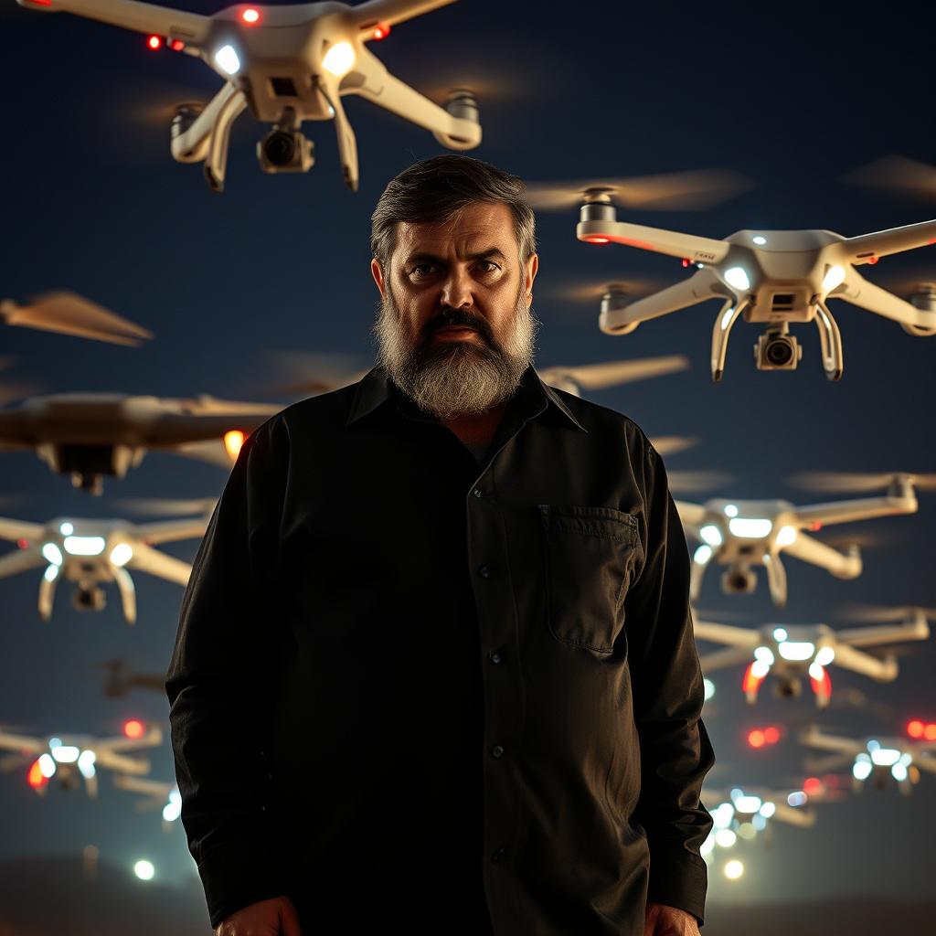 Hassan Nasrallah stands with a commanding presence, a serious and intimidating look on his face as he controls a large group of drones