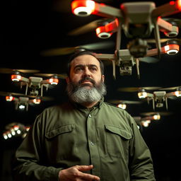 Hassan Nasrallah stands with a commanding presence, a serious and intimidating look on his face as he controls a large group of drones