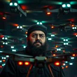 Hassan Nasrallah stands with a commanding presence, a serious and intimidating look on his face as he controls a large group of drones