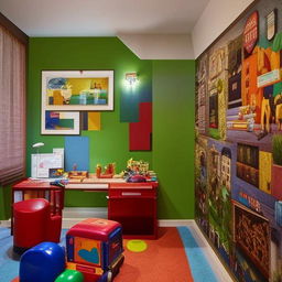 A luxuriously decorated boys bedroom with a vibrant color scheme, intricately designed furniture, a multitude of educational toys, a comfortable study area, and thematic wall arts.