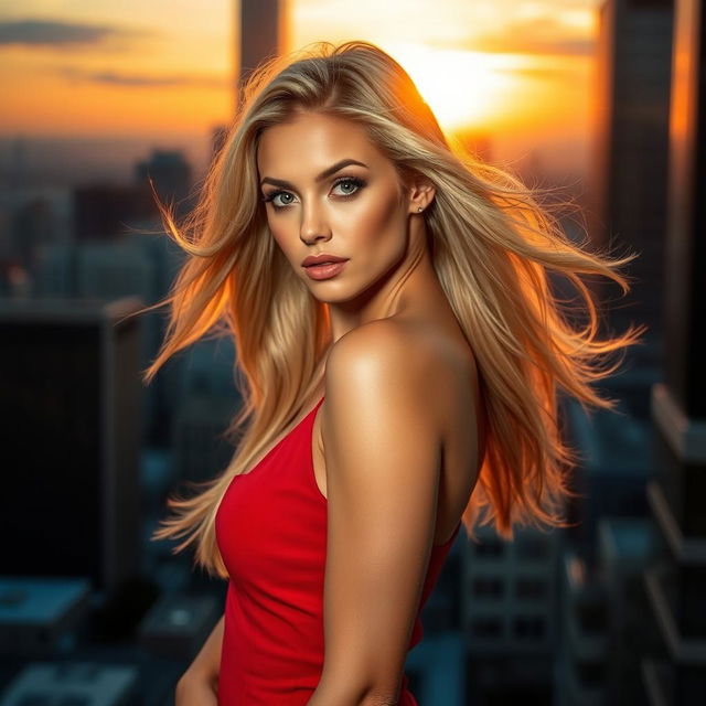 A stunningly attractive woman with flowing blonde hair, wearing a form-fitting red dress that accentuates her curves