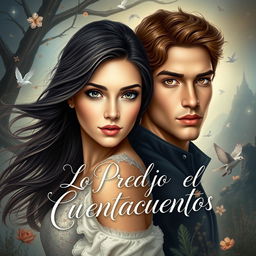 A romantic book cover with a fairytale yet contemporary style, titled 'Lo Predijo el Cuentacuentos'