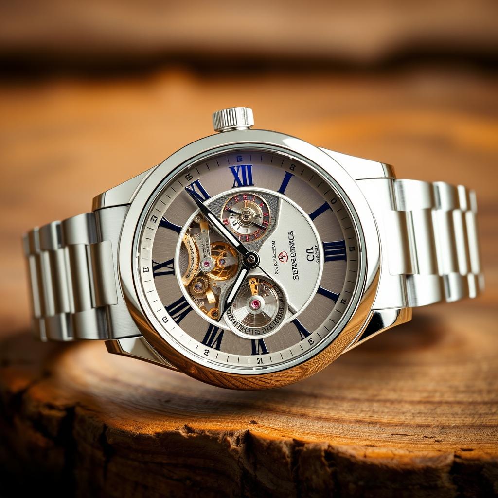 A luxurious and elegant watch with a polished stainless steel casing, intricate mechanical movements visible through the sapphire glass, a finely detailed dial with Roman numerals, set against a rustic wooden background for contrast, capturing the essence of high-end horology and timeless craftsmanship