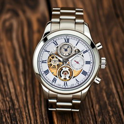 A luxurious and elegant watch with a polished stainless steel casing, intricate mechanical movements visible through the sapphire glass, a finely detailed dial with Roman numerals, set against a rustic wooden background for contrast, capturing the essence of high-end horology and timeless craftsmanship