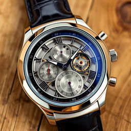 A luxurious and elegant watch with a polished stainless steel casing, intricate mechanical movements visible through the sapphire glass, a finely detailed dial with Roman numerals, set against a rustic wooden background for contrast, capturing the essence of high-end horology and timeless craftsmanship