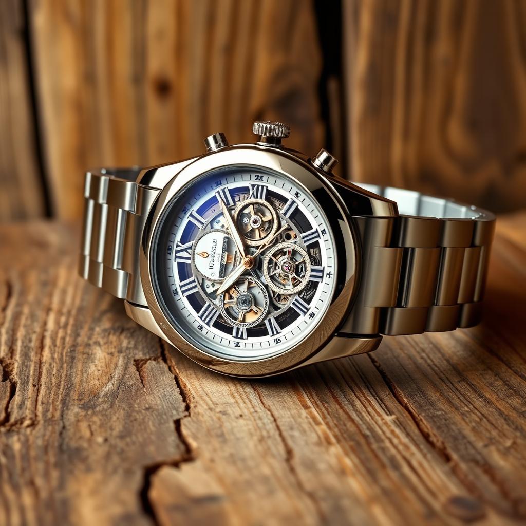 A luxurious and elegant watch with a polished stainless steel casing, intricate mechanical movements visible through the sapphire glass, a finely detailed dial with Roman numerals, set against a rustic wooden background for contrast, capturing the essence of high-end horology and timeless craftsmanship