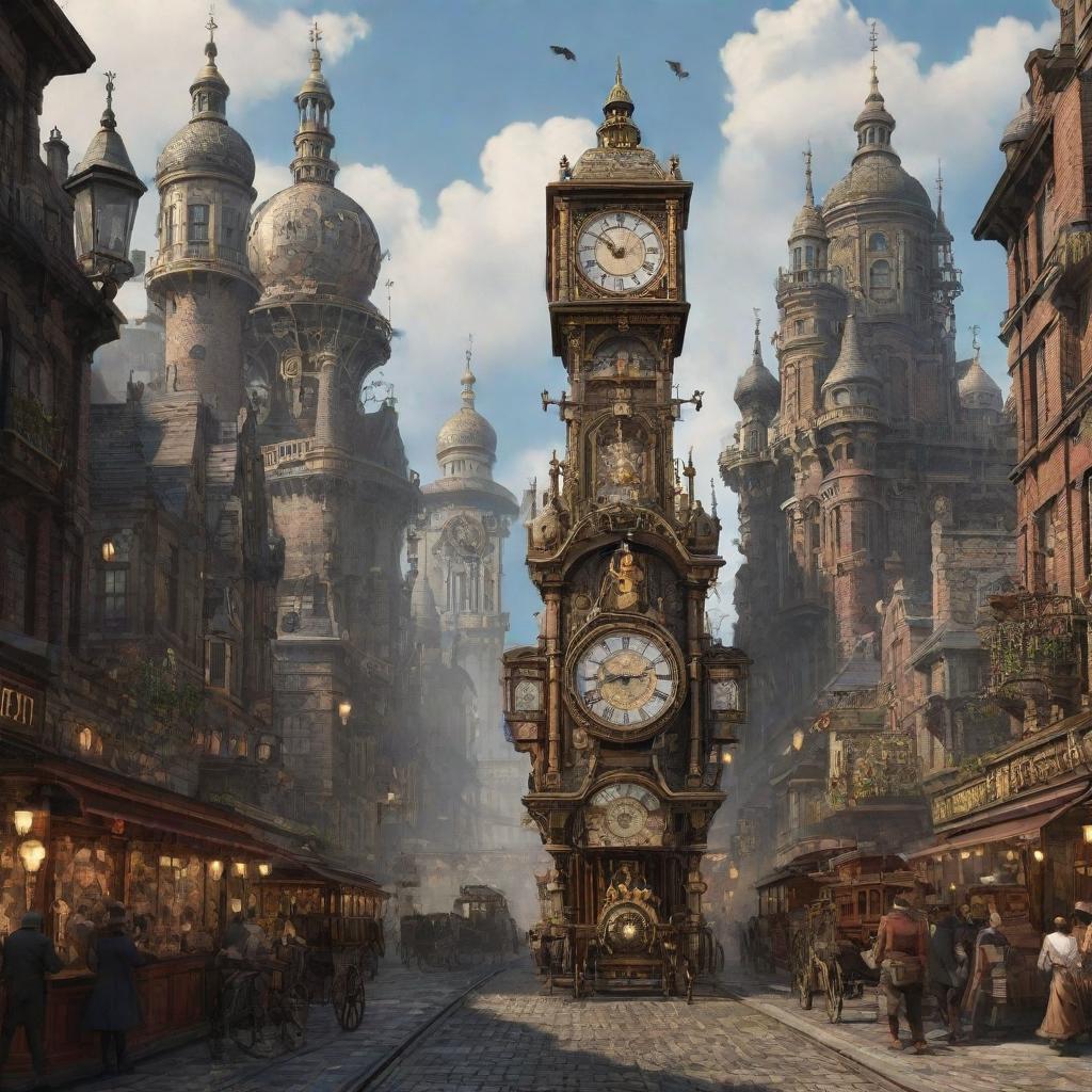 An animated clockpunk city, characterized by grand buildings meshed with intricate clockwork mechanisms, cobblestone streets buzzing with steam conveyor-belts, clockwork carriages, and automatons. Citizens dressed in Victorian fashion move in rhythm to the ticking and tocking of giant wall-mounted clocks.