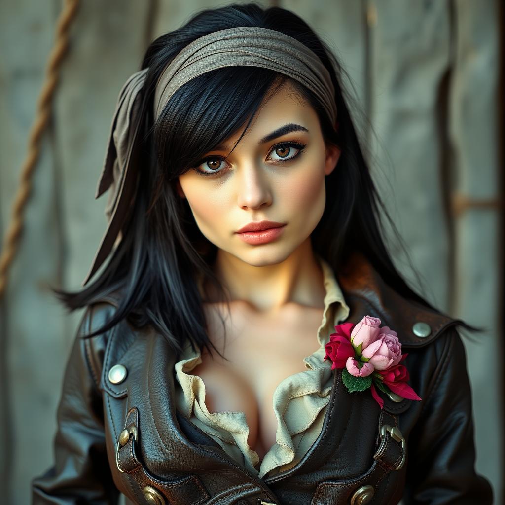 A captivating young busty white college-girl with straight dark hair elegantly swept over one eye