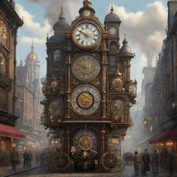 An animated clockpunk city, characterized by grand buildings meshed with intricate clockwork mechanisms, cobblestone streets buzzing with steam conveyor-belts, clockwork carriages, and automatons. Citizens dressed in Victorian fashion move in rhythm to the ticking and tocking of giant wall-mounted clocks.