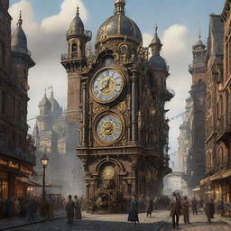 An animated clockpunk city, characterized by grand buildings meshed with intricate clockwork mechanisms, cobblestone streets buzzing with steam conveyor-belts, clockwork carriages, and automatons. Citizens dressed in Victorian fashion move in rhythm to the ticking and tocking of giant wall-mounted clocks.