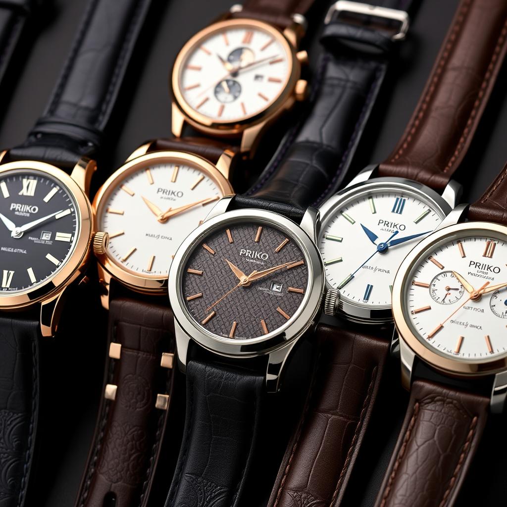 A lineup of beautifully unique watches, each with distinct designs, showcasing the Priko brand name elegantly engraved on the casing