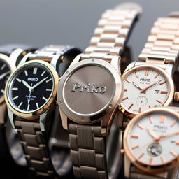 A lineup of beautifully unique watches, each with distinct designs, showcasing the Priko brand name elegantly engraved on the casing