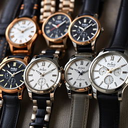 A lineup of beautifully unique watches, each with distinct designs, showcasing the Priko brand name elegantly engraved on the casing