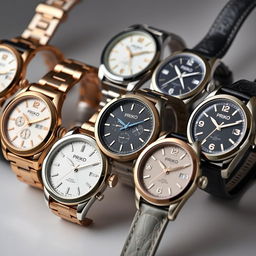 A lineup of beautifully unique watches, each with distinct designs, showcasing the Priko brand name elegantly engraved on the casing