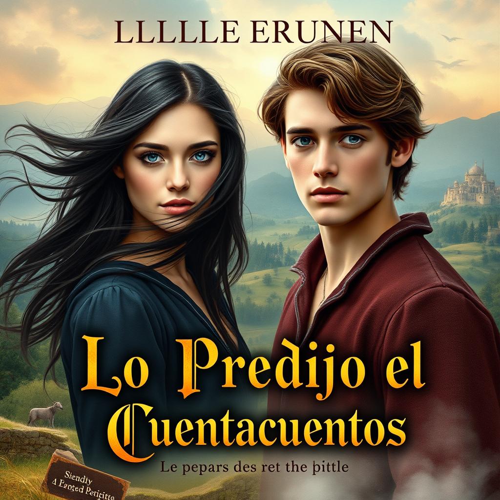 A realistic romantic book cover with a fairytale yet contemporary style, titled 'Lo Predijo el Cuentacuentos'