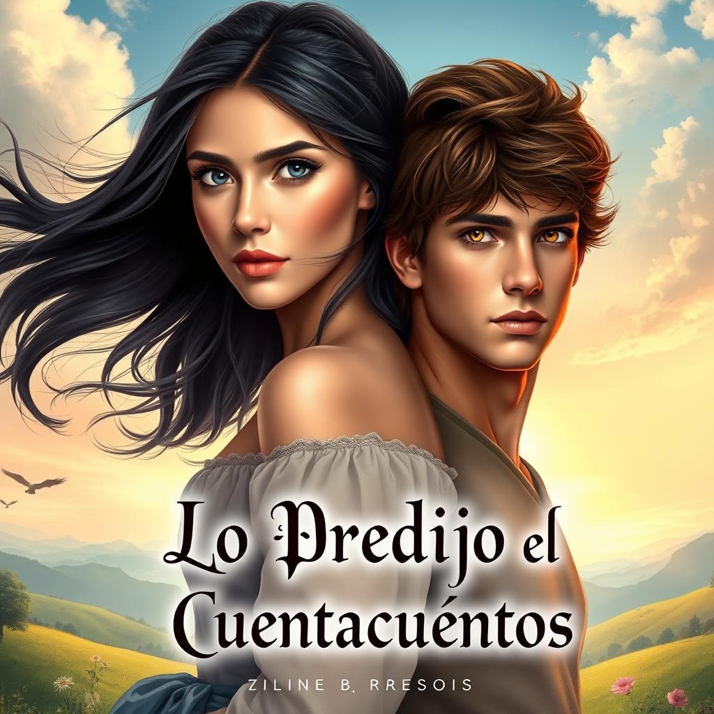 A realistic romantic book cover with a fairytale yet contemporary style, titled 'Lo Predijo el Cuentacuentos'