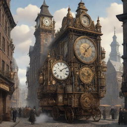 An animated clockpunk city, characterized by grand buildings meshed with intricate clockwork mechanisms, cobblestone streets buzzing with steam conveyor-belts, clockwork carriages, and automatons. Citizens dressed in Victorian fashion move in rhythm to the ticking and tocking of giant wall-mounted clocks.