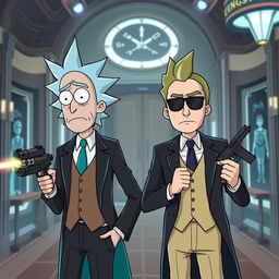 Rick and Morty as Kingsman agents, wearing tailored suits with sleek accessories, high-tech gadgets