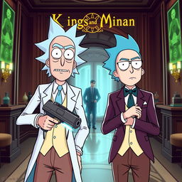 Rick and Morty as Kingsman agents, wearing tailored suits with sleek accessories, high-tech gadgets