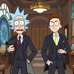 Rick and Morty as Kingsman agents, wearing tailored suits with sleek accessories, high-tech gadgets