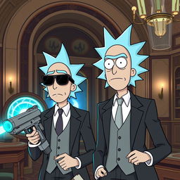 Rick and Morty as Kingsman agents, wearing tailored suits with sleek accessories, high-tech gadgets