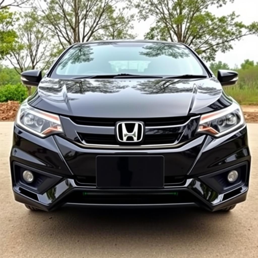 Black Honda City Gen 4, front view, chrome parts painted black, Honda logo in green, green lining on bumper below headlights