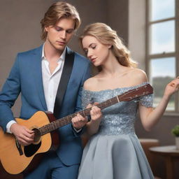 Generate a 2D digital illustration for a romance novel cover. A blonde girl with blue eyes is wearing an off-the-shoulder dress and playing a guitar. A brown-haired boy with a mullet haircut in a grey suit joins her in playing guitar.