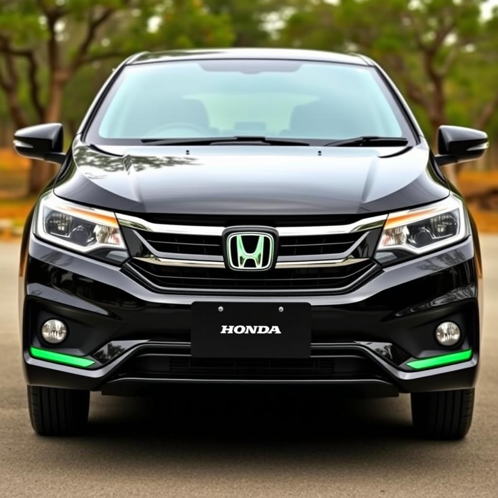 Black Honda City Gen 4, front view, chrome parts painted black, Honda logo in green, green lining on bumper below headlights