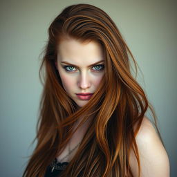 A fierce-looking 22-year-old redheaded woman with long, flowing hair that extends beyond her waist