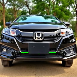 Black Honda City Gen 4, front view, chrome parts painted black, Honda logo in green, green lining on bumper below headlights