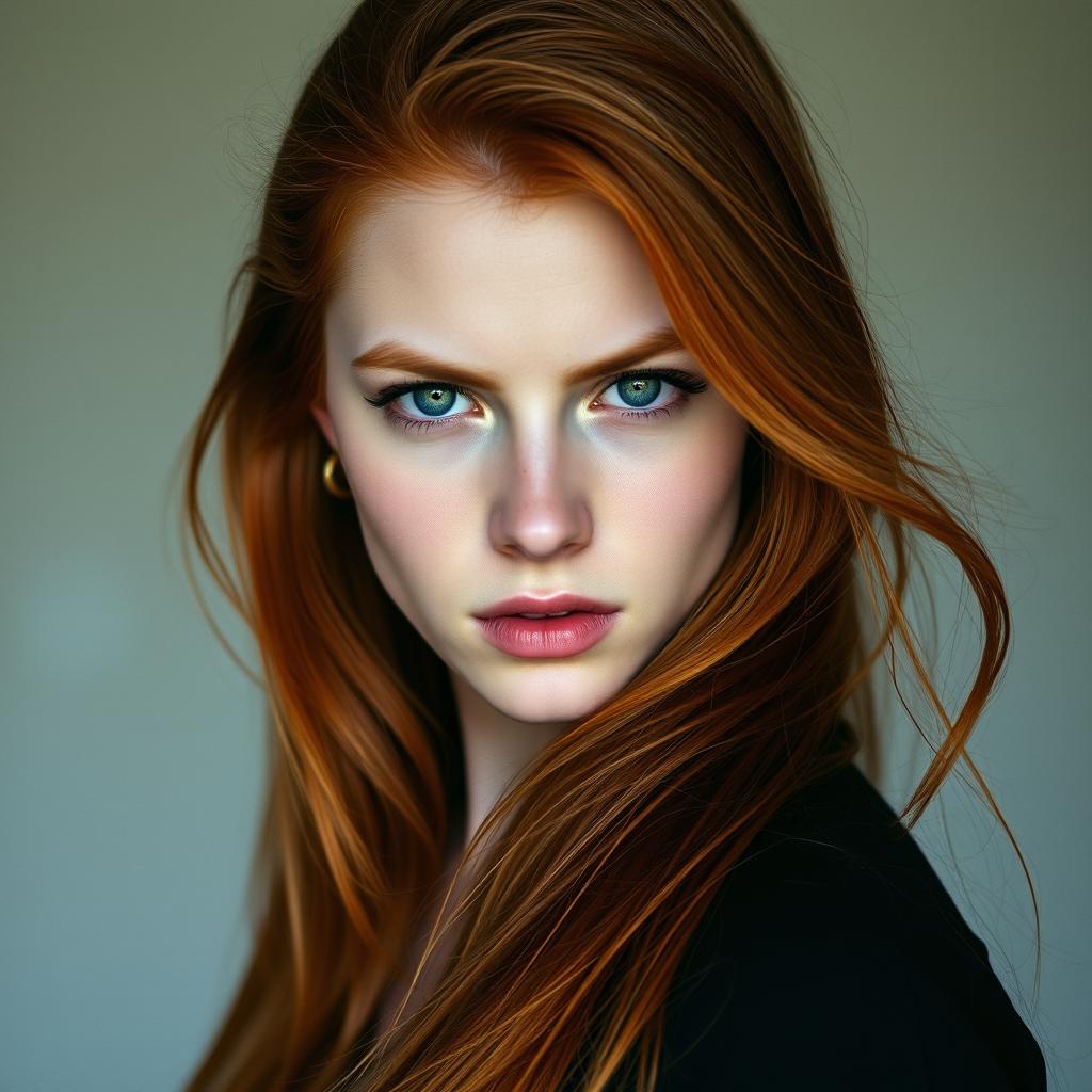 A fierce-looking 22-year-old redheaded woman with long, flowing hair that extends beyond her waist