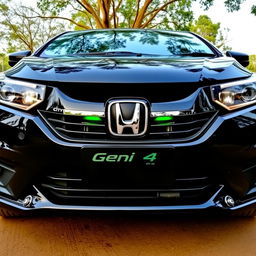 Black Honda City Gen 4, front view, chrome parts painted black, Honda logo in green, green lining on bumper below headlights