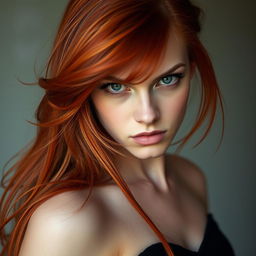 A fierce-looking 22-year-old redheaded woman with long, flowing hair that extends beyond her waist