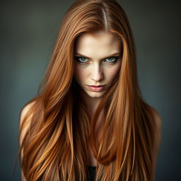 A fierce-looking 22-year-old redheaded woman with long, flowing hair that extends beyond her waist