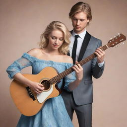 Generate a 2D digital illustration for a romance novel cover. A blonde girl with blue eyes is wearing an off-the-shoulder dress and playing a guitar. A brown-haired boy with a mullet haircut in a grey suit joins her in playing guitar.