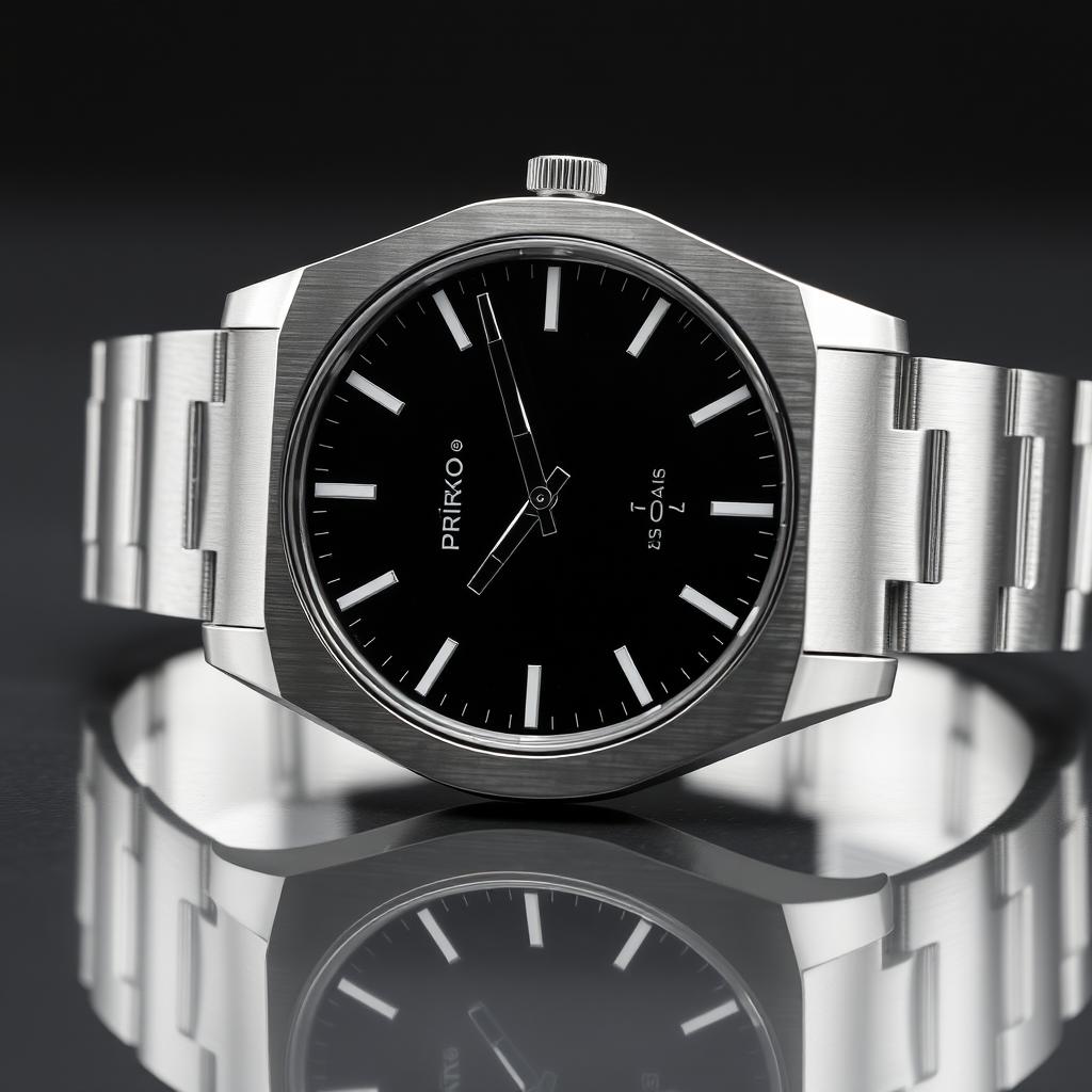 A sleek and contemporary watch design featuring a brushed steel casing with a seamless finish