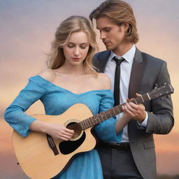 Generate a 2D digital illustration for a romance novel cover. A blonde girl with blue eyes is wearing an off-the-shoulder dress and playing a guitar. A brown-haired boy with a mullet haircut in a grey suit joins her in playing guitar.