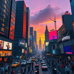 A photorealistic scene of a bustling urban environment inspired by the aesthetic of Grand Theft Auto