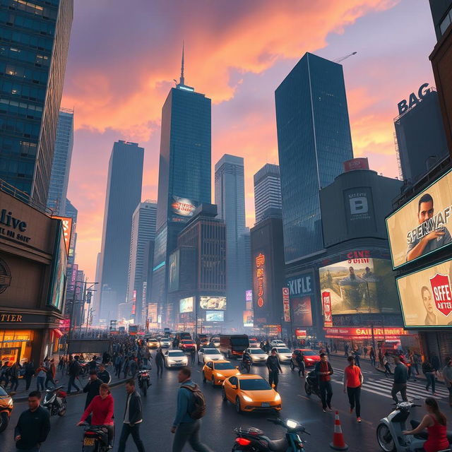 A photorealistic scene of a bustling urban environment inspired by the aesthetic of Grand Theft Auto