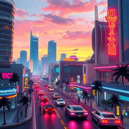 A futuristic reimagining of Grand Theft Auto: Vice City set in 2024, capturing the iconic 1980s Miami-inspired cityscape blended with sleek, ultra-modern architectural elements