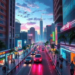 A futuristic reimagining of Grand Theft Auto: Vice City set in 2024, capturing the iconic 1980s Miami-inspired cityscape blended with sleek, ultra-modern architectural elements