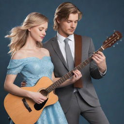 Generate a 2D digital illustration for a romance novel cover. A blonde girl with blue eyes is wearing an off-the-shoulder dress and playing a guitar. A brown-haired boy with a mullet haircut in a grey suit joins her in playing guitar.