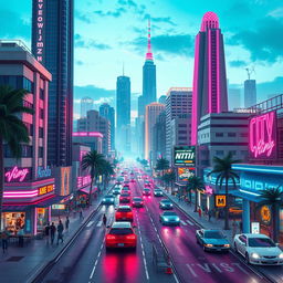 A futuristic reimagining of Grand Theft Auto: Vice City set in 2024, capturing the iconic 1980s Miami-inspired cityscape blended with sleek, ultra-modern architectural elements